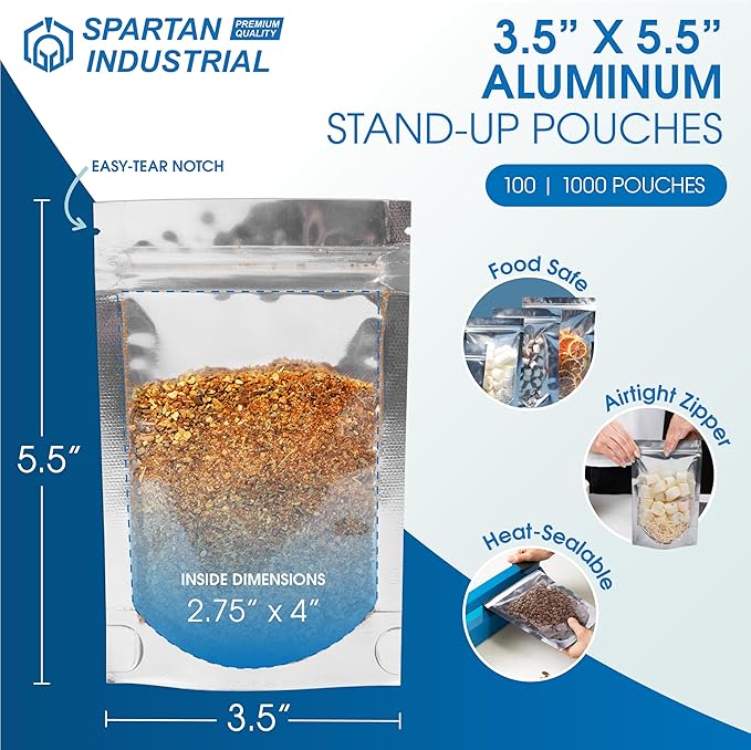 Spartan Industrial - 3.5" X 5.5" Aluminum Stand-Up Pouches - Pack of 100 Resealable Smell-Proof Bags for Food, Wax Melts, Lip Gloss Packaging, and More