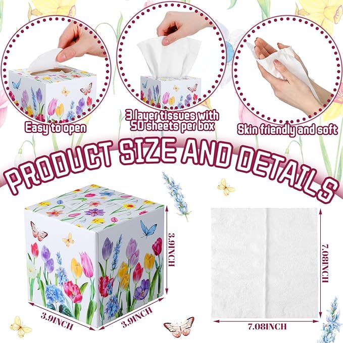 12 Pack Tulips Facial Tissues Cube Boxes 600 Sheets 3 Ply Small Tulips Floral Face Tissues Bulk for Fall Christmas Spring Car Bedroom Supplies