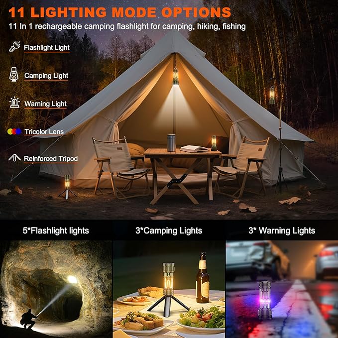 Camping Flashlight 11 Light Modes, 6000Lumens Super Bright Flashlight Rechargeable with IPX7 Waterproof & 60H Long Life Battery & Camping Lantern Tripod, Flash Light for Outdoor Camping, Home