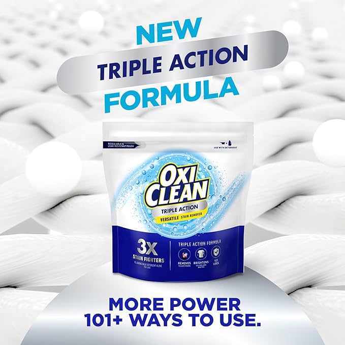 OxiClean Triple Action Versatile Stain Remover Powder, Use with Detergent, Removes Tough Stains like Grease, Blood and Grass, Brightens Colors and Whites, Chlorine Free, 4 lbs