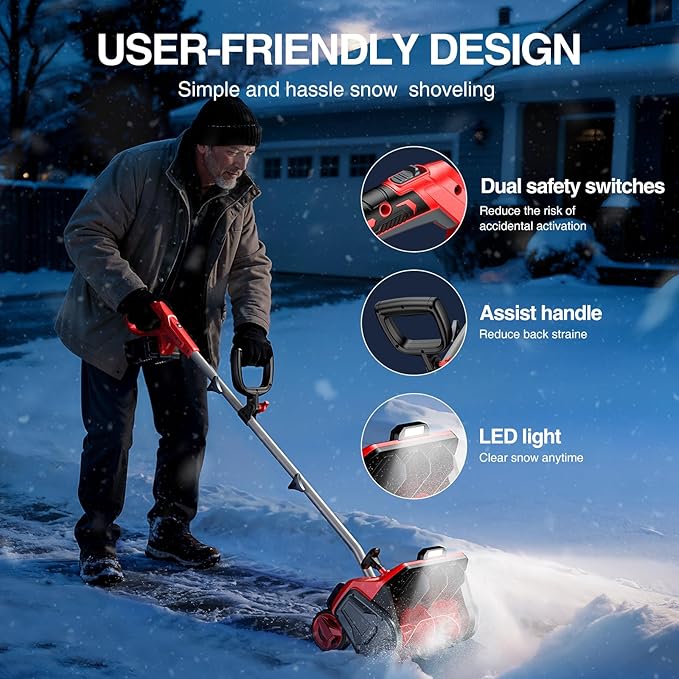 Electric Snow Shovel with Wheels, 40V 16.5 Inch Brushless Cordless Snow Blower with 2 x 5.0 Ah Batteries and Charger, Powerful Snow Thrower with Directional Plate and LED for Driveway, Step, Patio