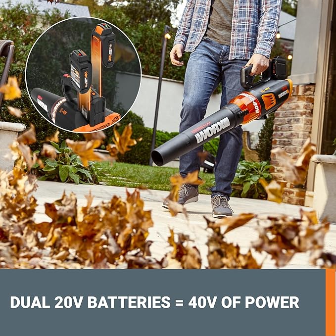 WORX WG584 40V Cordless Leaf Blower, Electric Blower for Lawn Care wth Brushless Motor, 2 Batteries & Charger Included