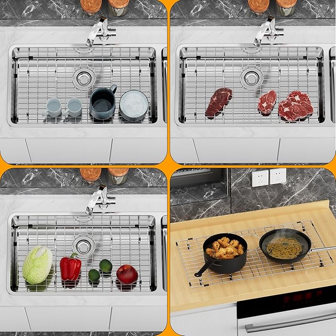Sink Protector Kitchen Sink Bottom Grid Sink Grates,Stainless Steel,Rear Drain Hole,28.3"L×15.2"W