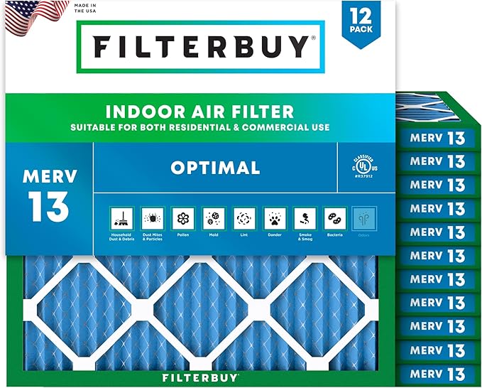 Filterbuy 21x21x1 Air Filter MERV 13 Optimal Smoke & Allergy Defense (12-Pack), Electrostatic Pleated HVAC AC Furnace Filters Replacement, Made in USA (Actual Size: 20.88 x 20.88 x 0.75)