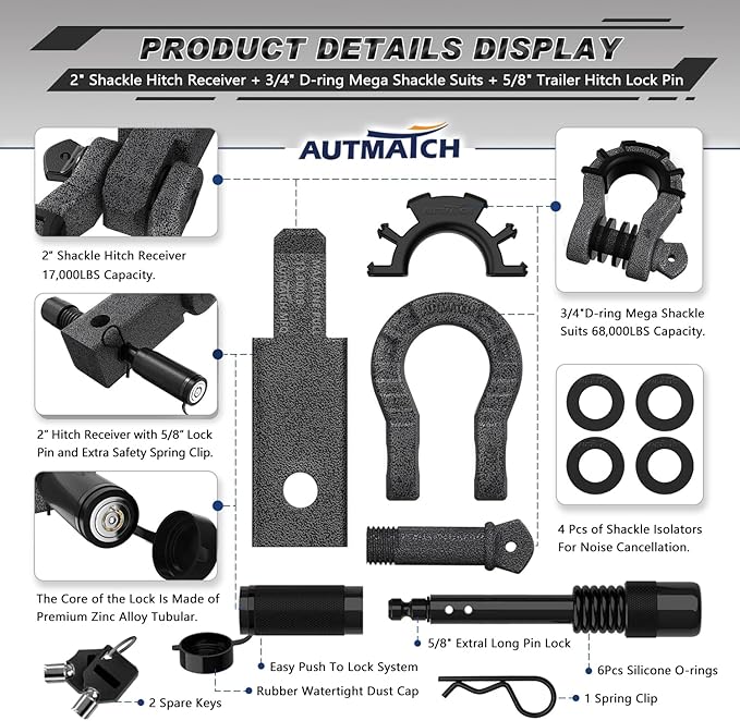 AUTMATCH Shackle Hitch Receiver 2" with 3/4" Mega D Ring Shackle and 5/8" Trailer Hitch Lock Pin, 68,000 Lbs Break Strength Heavy Duty Receiver Towing Kit for Off-Road Vehicle Recovery, Grainstone