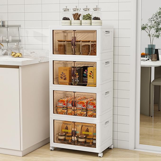 Storage Bins with Lids and Wheels, Collapsible Bathroom Storage Cabinet with Clear Doors, Plastic Stackable Closet Organizers and Storage Containers White 270 QT