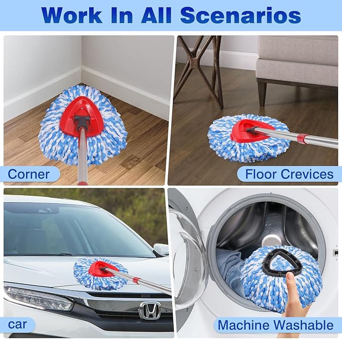 4 Pcs Mop Replace Heads & 1 Scrub Brush & 1 Base Combo for Ocedar Easywring 2-Tank System Microfiber Spin Mop Replacement Head,Machine Washable for Bathroom,Kitchen,Tub and Tile(Blue)