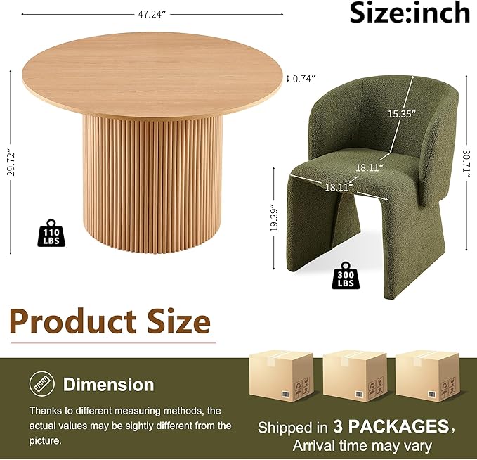 3-Piece Dining Table Set for 2, Modern Round MDF Kitchen Table with Two-Part Tabletop, Oak Finish, Stylish Living Room Table and 2 Cozy Dining Side Chairs Upholstered Set