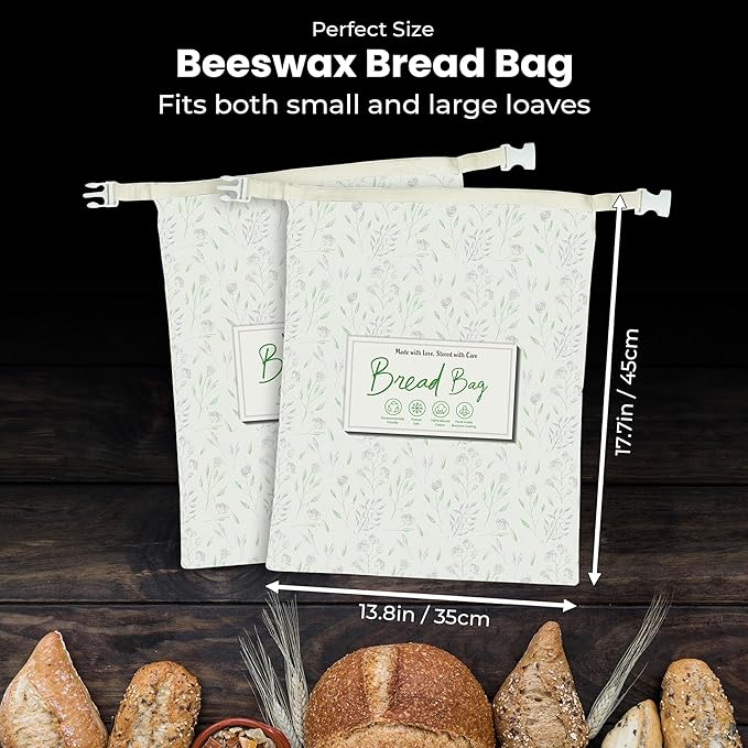 Reusable Beeswax Bread Bags for Homemade Sourdough – Organic Cotton Bread Storage, Keeps Loaves Fresh, Freezer Safe, Plastic-Free, Beeswax Wrap for Food Storage, 2 Pack XL Size