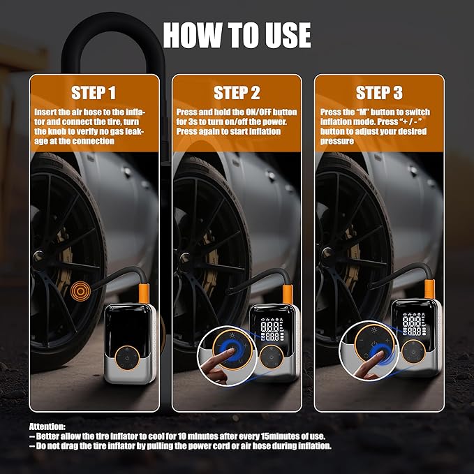 Cordless Tire Inflator, Portable with digital pressure gauge, 150PSI, Auto shut-off & LED light, 12V DC/Rechargeable dual mode, for Car/Motorcycle/Bike/Inflatable