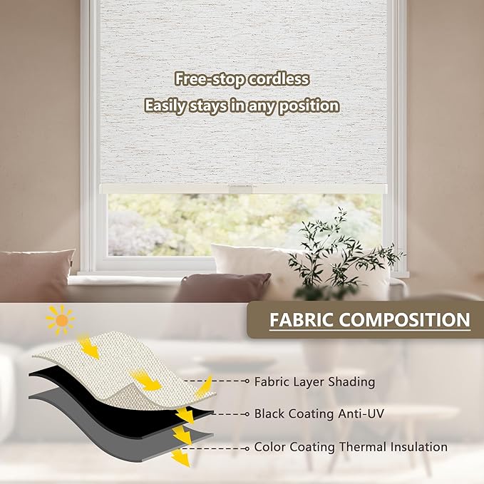 Cordless Blackout Roller Shades Blinds for Windows Free-Stop,Pull Down Room Darkening with Valance,Thermal Insulated Woven Fabric Window Door Blinds for Home,Office,Linen 16" W x 72" H