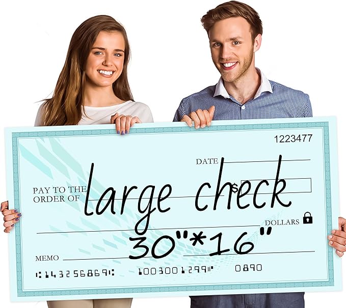 Reusable Giant Check Board for Donations, 30"x16" Single-Sided Reusable Ceremonial Check | Big Check Giant Check | Oversized Corporate Event Sign for Fundraiser Donations & Celebrations