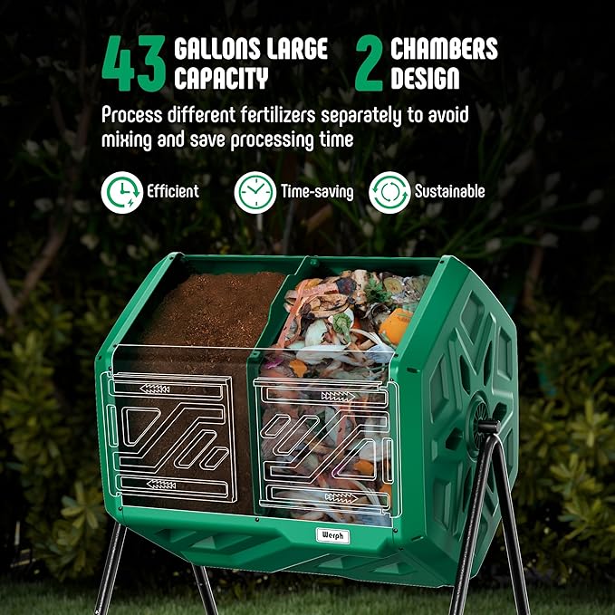 Compost Bin, Outdoor Composter, Fast Assembly 43 Gallon Dual Chamber Outdoor Compost Tumbler, Heavy Duty Tumbling Rotating Composter for Patio, Garden, Yard, Green, Easy Setup, Gloves Included