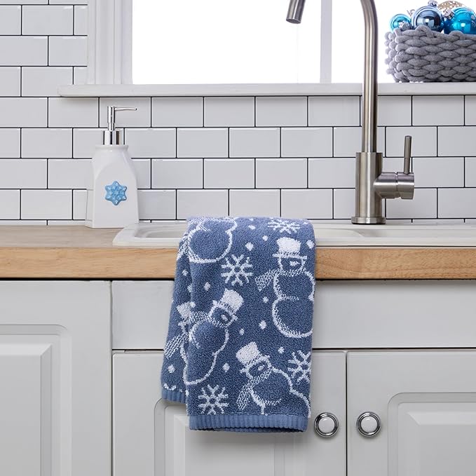 SKL Home Winter/Christmas Top Hat Snowmen Hand Towel 2pc Set for Bath/Kitchen/Bar & Gift, Blue