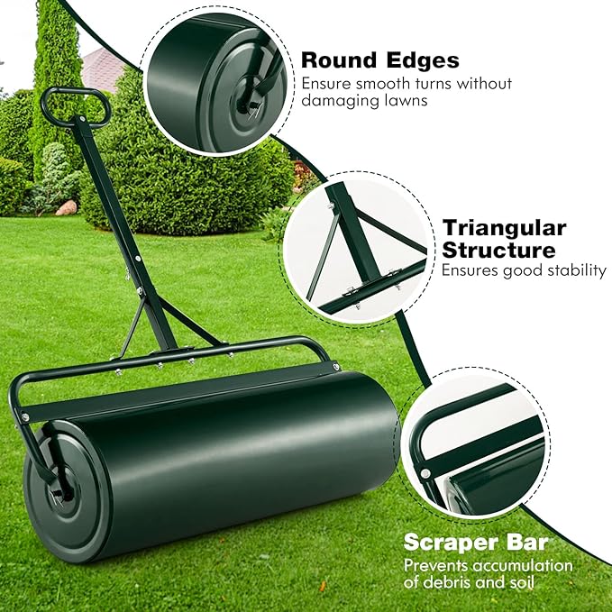 Goplus Lawn Roller, Push/Tow-Behind Lawn Roller, 30 Gallon/113L Water Sand Filled Sod Roller Drum Roller with Detachable Gripping Handle, Yard Roller Pull Behind a Tractor for Garden Yard Park Farm