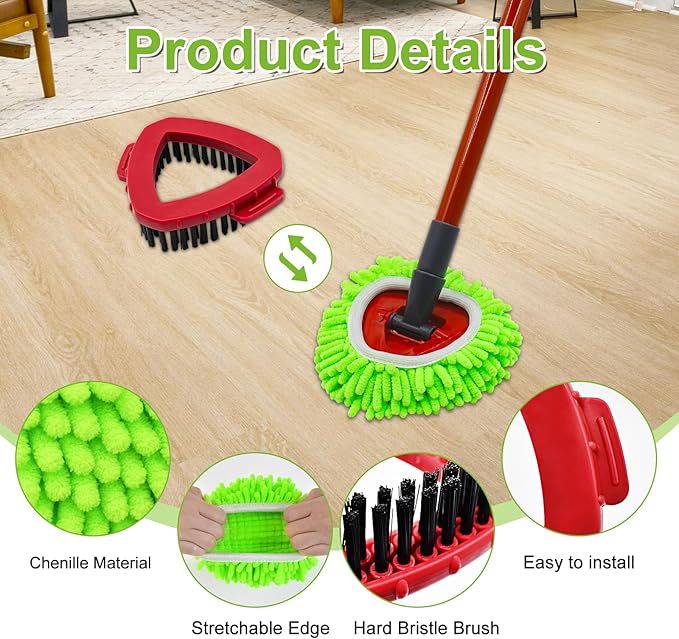 Spin Mop Head, Base, Scrub Brush, Handle Replacement for O-Cedar RinseClean 2-Tank System, Includes 2 Chenille Mop Refills, 4-Section Handle Pole, 1 Scrubber Head, 1 Triangle Base Cover for Ocedar