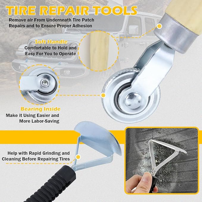 Air Tire Repair Kits, Wheel Polish Patch Tools, Includes 2500RPM Low Speed Air Tire Buffer, Tire Inner Liner Scrapper, Patch Roller, Tungsten Steel Buffing Wheel, and Precision Accessories