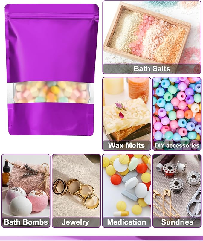 FireKylin 100 Pack Smell Proof Bags, Resealable Bags with Matte Window, Foil Pouch Stand Up Sealable Bags for Packaging(Purple,4" x 6")