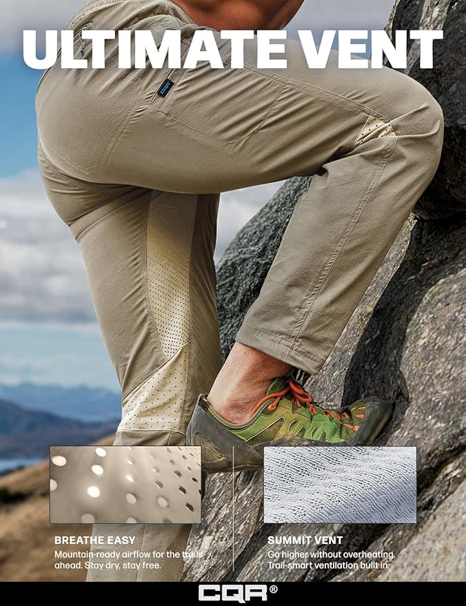 CQR Men's Lightweight Vent Hiking Pants, Water-Resistant & Breathable Sports Outdoor Athletic Pants with Elastic Waist