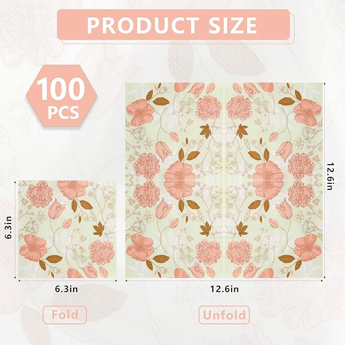 LASLU 100 Floral Guest Napkins Pink and Green Toile Disposable Paper Napkins Decorative Flower Bathroom Hand Towels for Bridal Baby Shower Tea Party Birthday Party Supplies