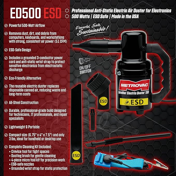 MetroVac DataVac ED-500-ESD Electric Air Duster | Antistatic Computer Air Blower for PC Cleaning with Accessories