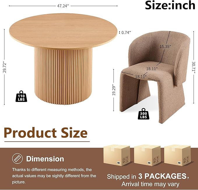 Dining Table Set for 2, 47" Round Kitchen Table with Two-Part Tabletop& Wood Strips Base, Oak Wood Finish Circle Dinner Table with Brown Teddy Velvet Dining Chairs Upholstered