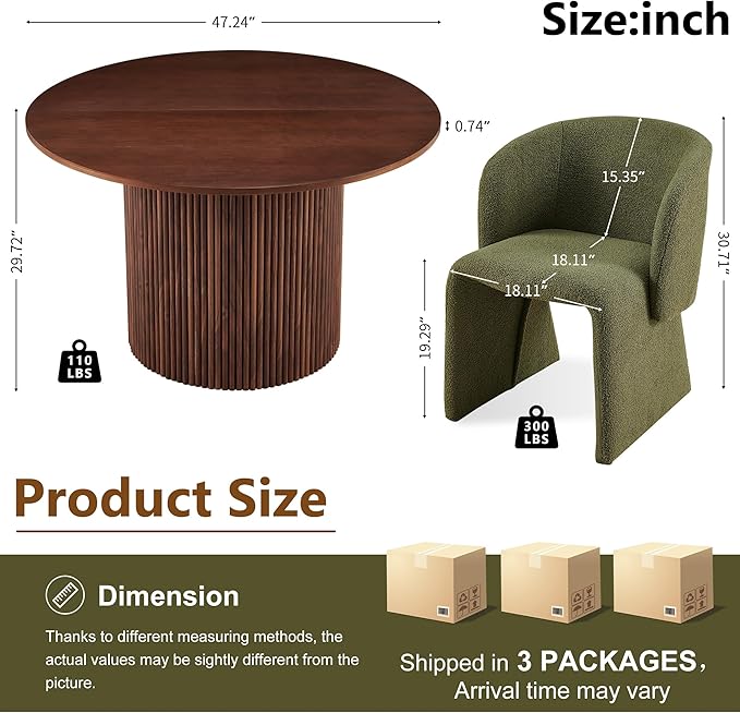 Dining Table Set for 2, 47" Circle Kitchen Table and Green Upholstered Barrel Dining Room Chairs, Classic Dinette Set, Engineered Wood Two-Part Tabletop with Walnut Finish