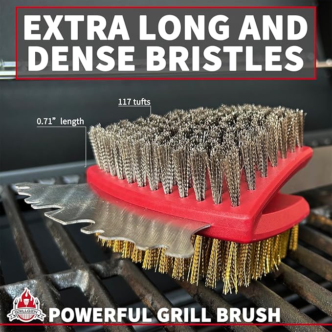 GRILLGEN Grill Brush and Scraper- Heavy Duty Grill Brush with Steel and Brass Bristles BBQ Cleaner for Outdoor Grills,BBQ Accessories for Porcelain, Cast Iron, Stainless Steel Grates