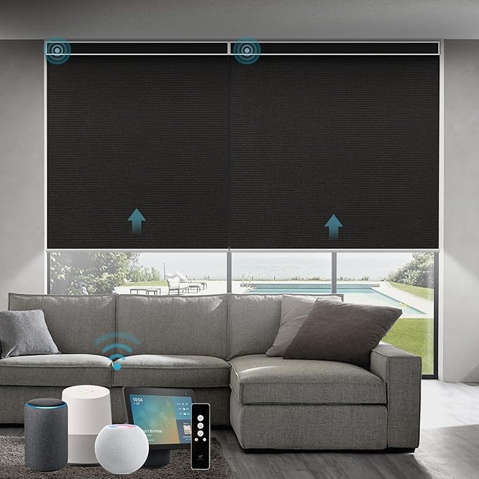SmartWings Motorized Roller Blinds Work with Matter Homekit Z-Wave Thread Alexa Google, 100% Blackout Smart Window Shades for Bedroom, Cordless Remote Control Customized 16"-110" W, Eclipse Black