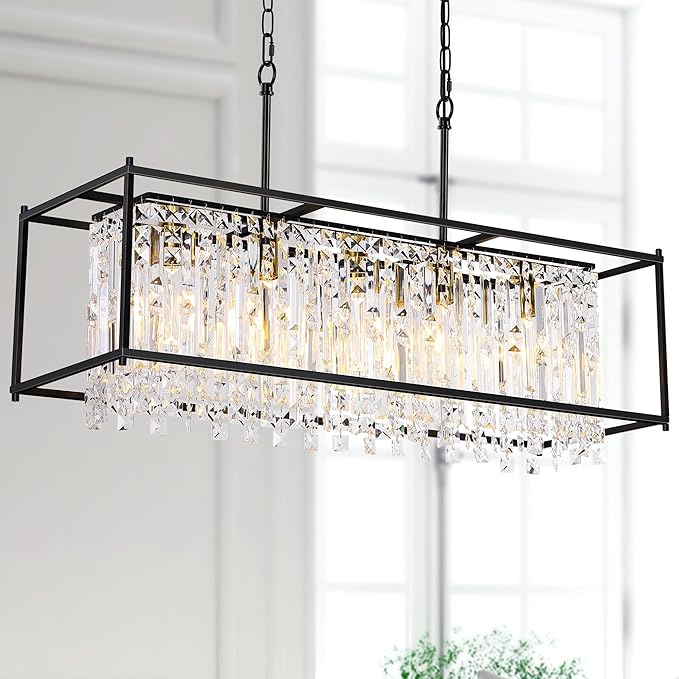 Modern Black Crystal Chandeliers For Dining Room, 36" Large Rectangle Water Ripple Glass Pendant Elegant Linear Lighting for Kitchen Island Dining Room LivingRoom Flat Inclined Ceiling,L36 x W11 x H19
