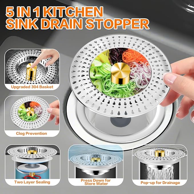 Kitchen Sink Drain Strainer & Sink Stopper - 18/8 Stainless Steel - 5-in-1 Upgraded Sink Strainer with Basket, Sink Plug Drain Cover Fits US Standard 3-1/2'' Sink Drain Hole
