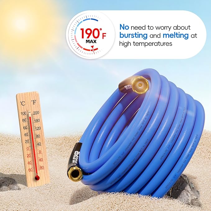 SPECILITE Hot/Cold Garden Water Hose 150 ftx 3/4 in, -50℉ To 190℉, Heavy Duty, Flexible, Burst 605 Psi, Lightweigh, Upgraded Rubber Pipe with 3/4" Brass Fittings For Backyard, Outdoor, Farm, Blue