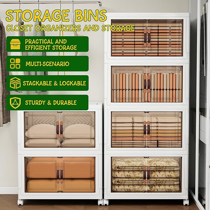 Storage Bins with Lids and Wheels, Collapsible Bathroom Storage Cabinet with Clear Doors, Plastic Stackable Closet Organizers and Storage Containers White 314 QT