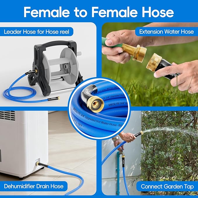 SPECILITE Female to Female Hot/Cold Garden Water Hose 10 ft x 3/4 Inch for Hose Reel, -50℉To 190℉, Heavy Duty, Flexible, Burst 605 Psi, Rubber Extension Pipe with 3/4" Brass Fittings