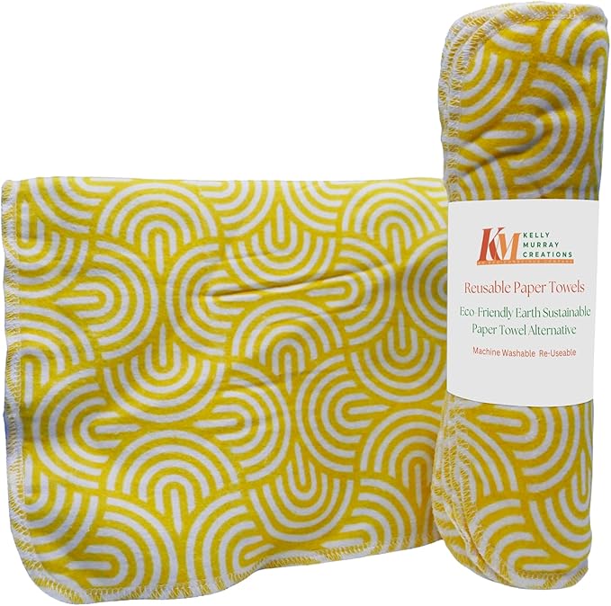 Pack of 10 Reusable Paper Towels | 10x10 Inch Cotton Towels | Kitchen Utensils Print | Eco Friendly, Washable, Quick Drying | Sustainable Cleaning Cloths | Yellow Modern