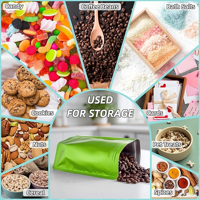FUNFERY 6.3x9.4 inch Stand Up Mylar Resealable Bags for Food Storage,Smell Proof Foil Pouch,Food Packaging Sealable Bags,Mylar Zipper Bag for Jerky,Candy,Cereal,Coffee, Cards,Green,50 Pack