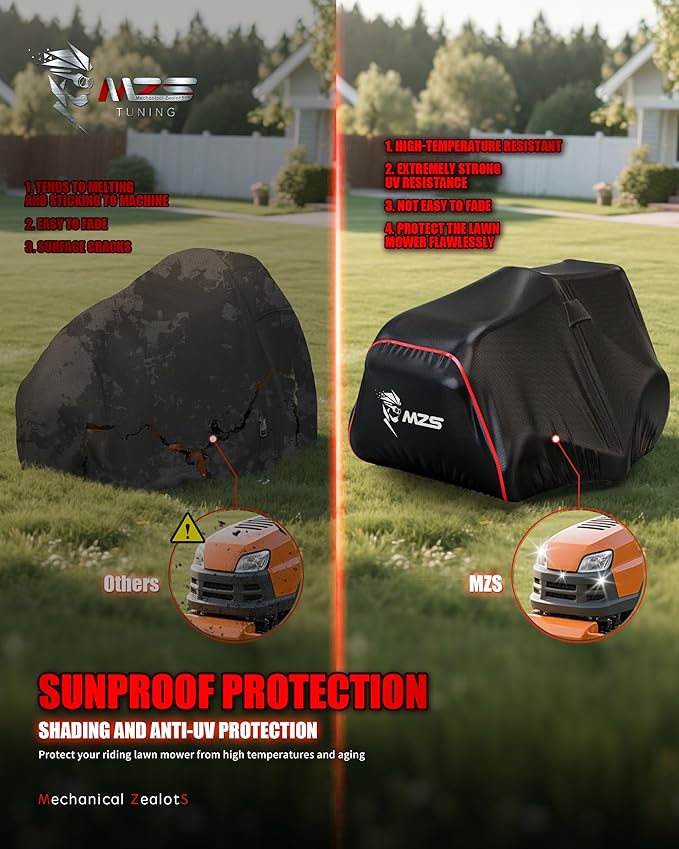 MZS Riding Lawn Mower Cover, Heavy Duty Lawn Tractor Cover with Storage Bag, Waterproof Lawnmower Covers for Outdoor UV Protection Universal Fits Decks Up to 54" Riding Mower