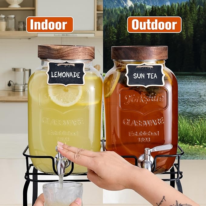 mustry Glass Drink Dispenser for Parties, 1 Gallon Beverage Dispenser with Stand and Spigot Solid Stainless Steel, Used as Lemonade Dispenser Sun Tea Jar Kombucha Jar, Set of 2