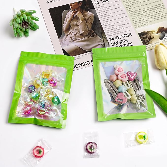 Funfery 300 Pack Smell Proof Resealable Bags for Food Storage,Holographic Bags 4x6 Green Mylar Clear Packaging Bag- Scent Proof for Cookies, Zip Foil Pouch for Small Business
