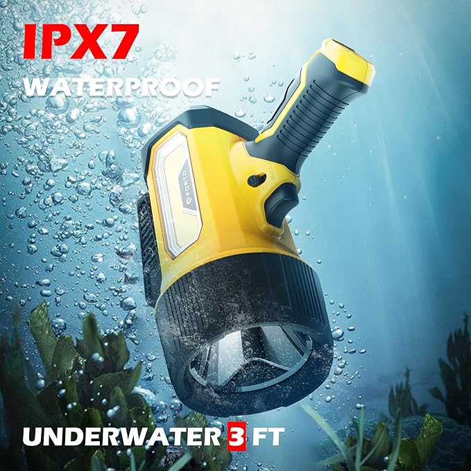 FORTO Rechargeable Spotlight, 200000 Lumens Handheld Spot Light with Foldable Stand, 6 Modes IPX7 Waterproof LED Spot Lights for Walk The Dog Hunting Camping Hiking Boating (Yellow)