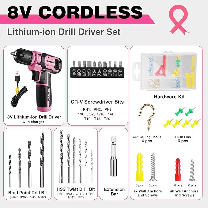 WORKPRO Pink Power Drill Set, 8V Cordless Drill Driver Set with 53pcs Bit Set, 2.0Ah Electric Cordless Drill Kit with 3/8" Keyless Chuck and Variable Speed Trigger, Portable for DIY- Pink Ribbon