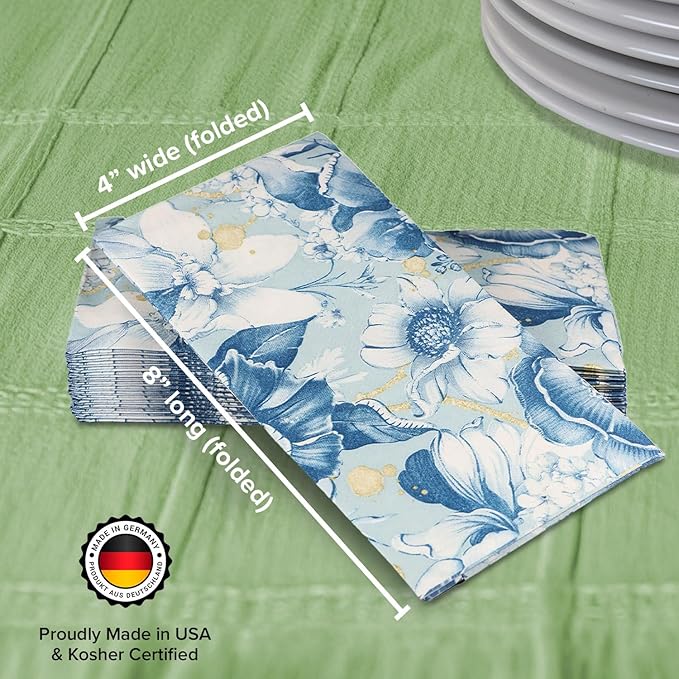 SimuLinen Blue Garden Floral Disposable Hand Towels for Bathroom, Single-Use Linen-Feel Guest Towels, Hand Tissue Paper, Cloth-Like Paper Napkins, Pack of 100
