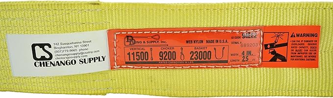 DD Sling. Multiple Sizes in Listing! (USA Made) 4" x 25', 2 Ply, Nylon Lifting Slings, Eye & Eye, Heavy Duty, 11500 lbs Vert, 9200 Choker, 23000 Basket (USA Nylon) (4"x25')