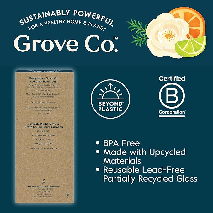 Grove Co. Gel Hand Soap Dispenser (13.5 Oz) 2 x Refillable Glass Bottles with Stainless Steel Pump, Reusable Liquid Soap Refill Set, Square Base, Reduce Plastic Waste Bundle