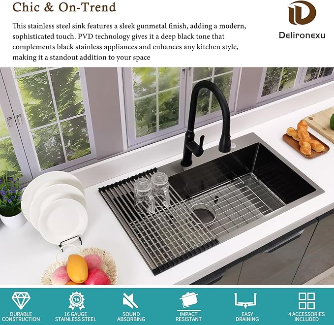 33 Inch Black Kitchen Sink Drop In – Delironexu 33x19 Drop In Kitchen Sink, 16 Gauge Black Stainless Steel sink Top Mount, Single Bowl kitchen Sinks with 4 Accessories
