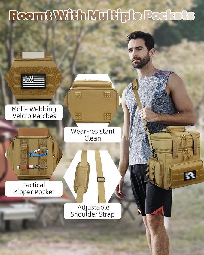 Tactical Lunch Bag & Lunch Box for Men - Large Double Deck Expandable Insulated Soft Adult Lunchbox for Work - Cooler Bag for Beach, Picnic, Camping,Outdoor，Travel (Brown,16L)