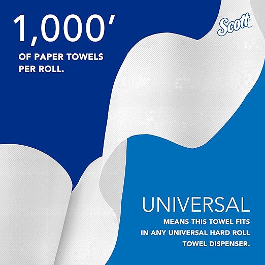 Scott Professional Essential Universal High-Capacity Hard Roll Paper Towels, Bulk (01005), Hardwound 1.5" Core, Absorbency Pockets, White (6 Rolls at 1,000' Each, 6,000'/Case)