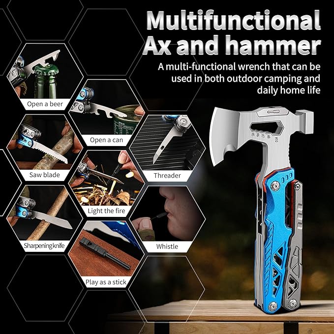 20-in-1 Camping Multitool, Survival MultiTool with Pilers,Axe, Adjustable Wrench, Hammer, Screwdriver, Pouch, Outdoor Hiking Multi Tool Carbon Steel Compact Hatchet Gifts for Men Dad Him