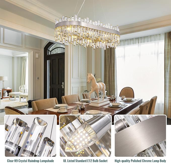Siljoy Rectangular Crystal Chandelier for Dining Room, 16 Lights Modern Chrome 2-Tiers K9 Crystal Raindrop Chandelier Oval Dimmable Pendant Ceiling Light for Kitchen Island Bar L35.4 Inch