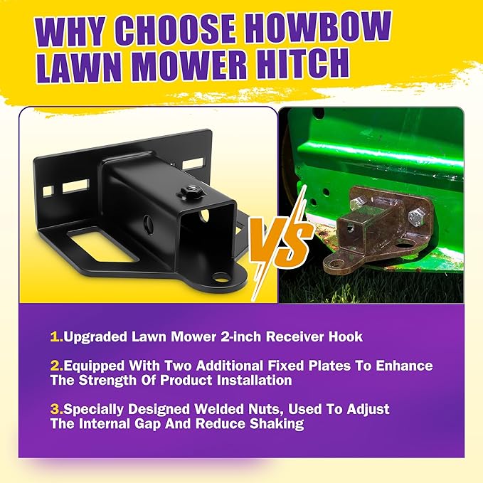 Zero Turn Lawn Mower Hitch with 2" Receiver, 6mm Steel Trailer Hitch with Chain Slot, Upgraded Reinforced Washer & Weld-On Bolt Lock System, Universal Fit for Tractor, ATV, Golf Cart, Trailer